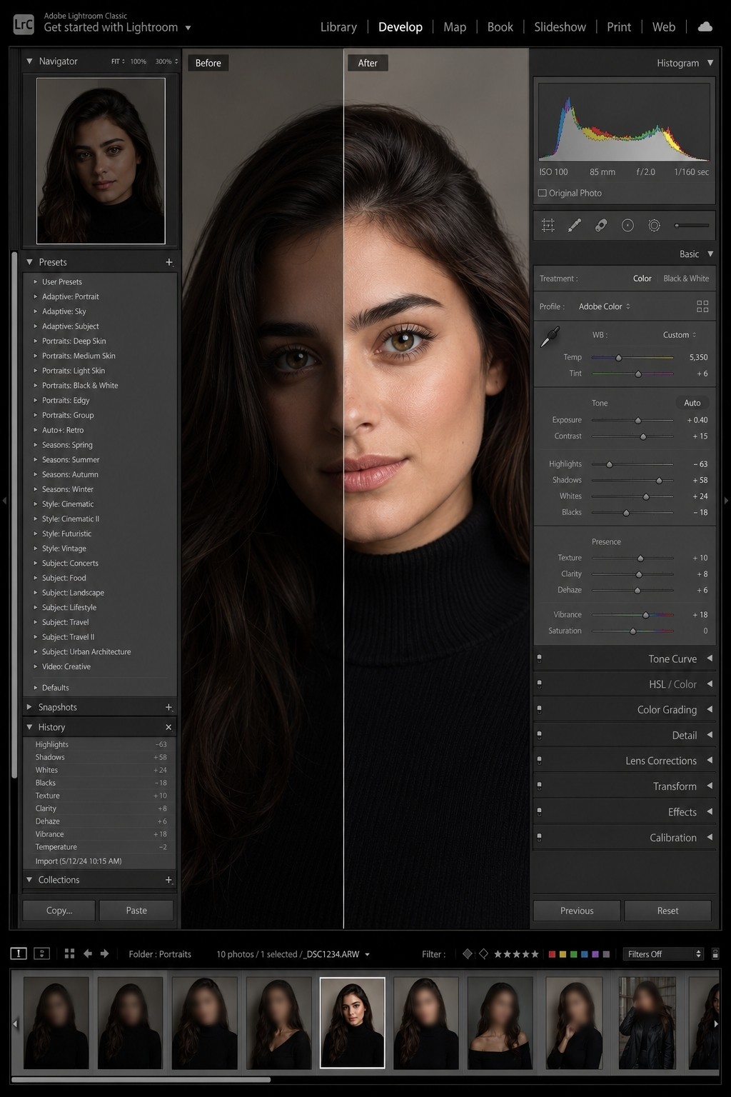 Portrait photo-retouching sample showing a side-by-side comparison in a photo editor.