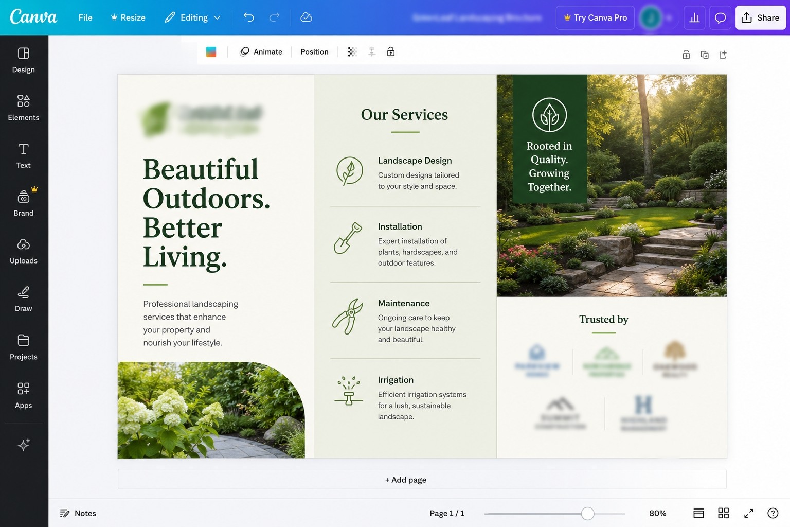 Green landscaping brochure layout featuring outdoor photography and a services list.