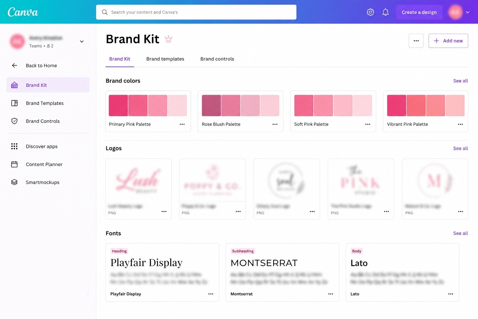 Canva brand kit with coordinated pink color palettes, logos, and typography.
